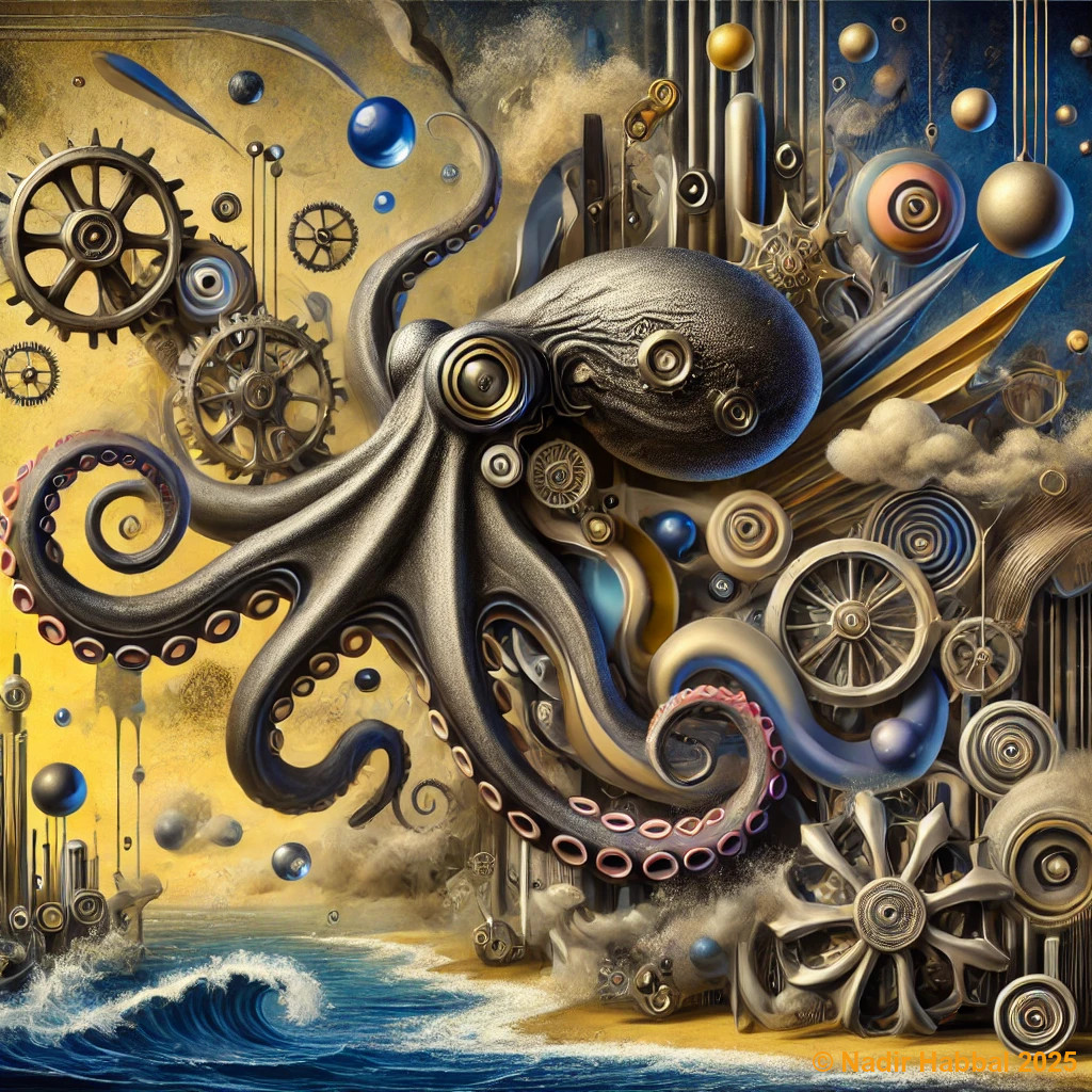 Mechanische Tiefsee-Symphonie Labyrinth aus abstrakten Formen im dadaistischen Stil, Kunstwerk 2025