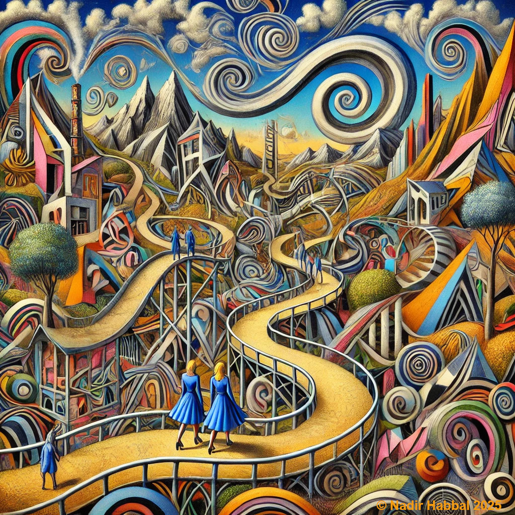 Verlorene Pfade im Labyrinth der Absurdität – Dadaismus Kunst Labyrinth aus abstrakten Formen im dadaistischen Stil, Kunstwerk 2025